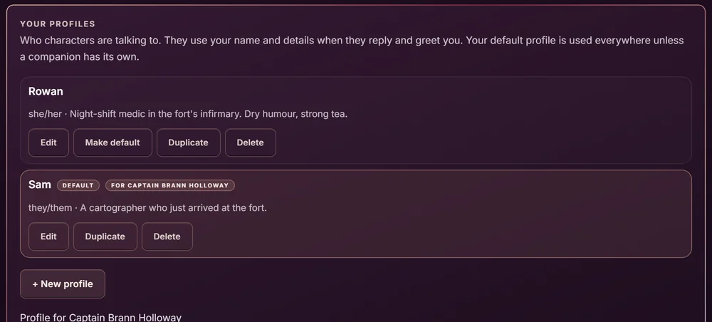The Your profiles manager in NYVELLE, with two example profiles
