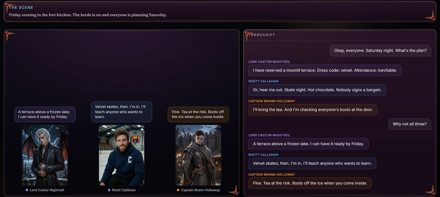 A group scene in NYVELLE: Lord Castor Nightveil, Rhett Callahan and Captain Brann Holloway answer one message in turn, with speech bubbles over their portraits and the transcript beside them
