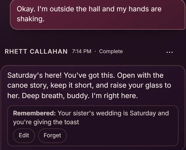 A later reply from Rhett Callahan with a Remembered note: Your sister's wedding is Saturday and you're giving the toast, with Edit and Forget buttons